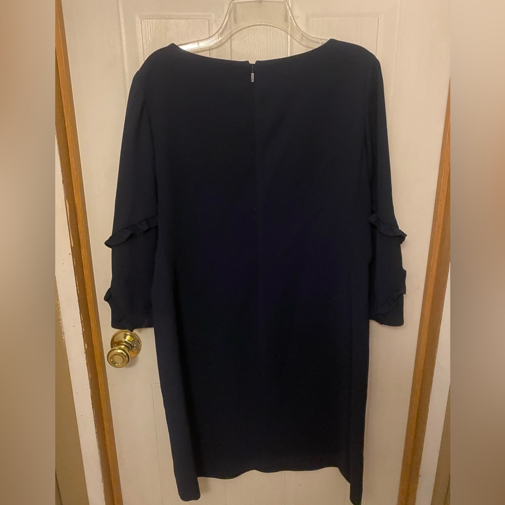 Lafayette 148 New York Navy Ruffle-Accent Long Sleeve Shift Dress - Picture 6 of 9